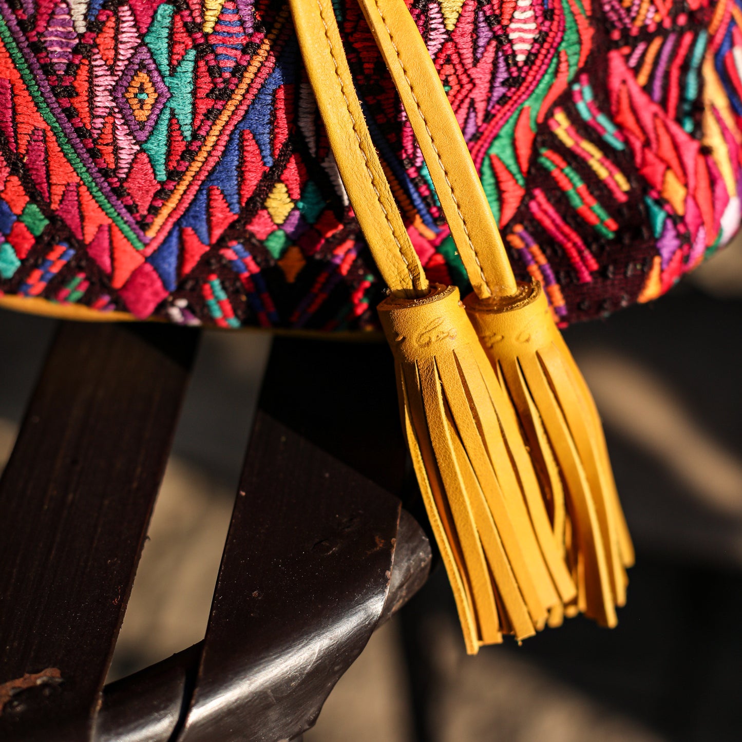 DRAWSTRING BUCKET BAG - OOAK HUIPIL - MUSTARD - NO. 19077