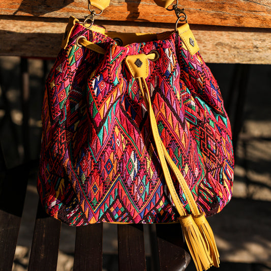 DRAWSTRING BUCKET BAG - OOAK HUIPIL - MUSTARD - NO. 19077