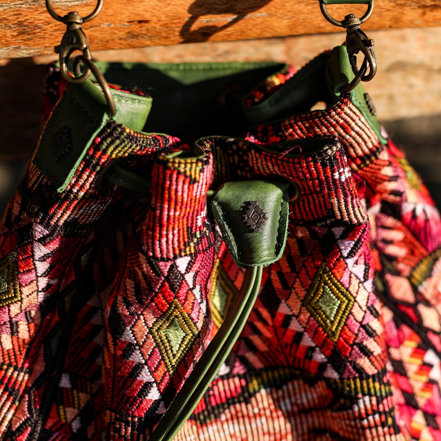 DRAWSTRING BUCKET BAG - OOAK HUIPIL - EMERALD - NO. 19072