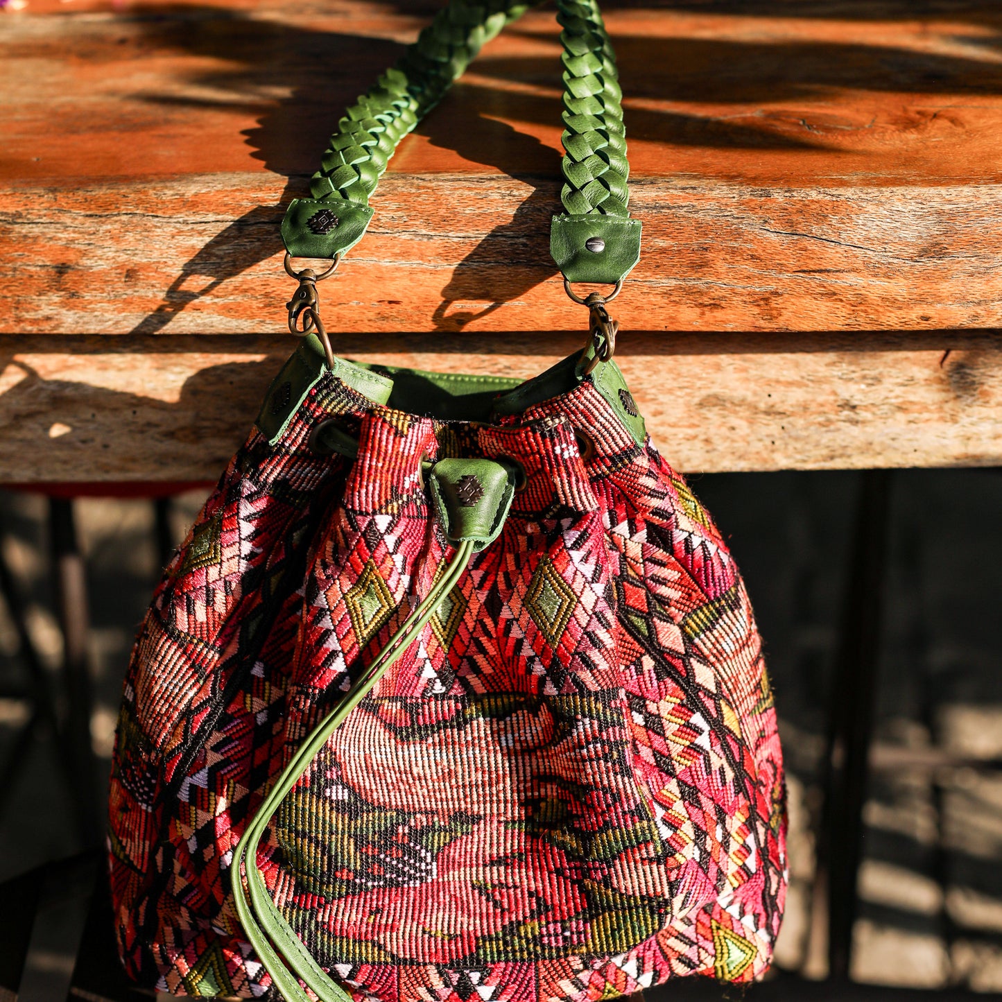DRAWSTRING BUCKET BAG - OOAK HUIPIL - EMERALD - NO. 19072