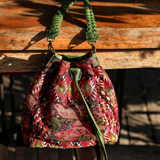 DRAWSTRING BUCKET BAG - OOAK HUIPIL - EMERALD - NO. 19072