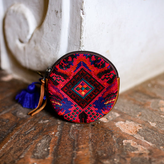 CIRCLE COIN PURSE - OOAK HUIPIL - CAFE - NO. 19033