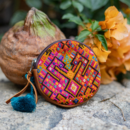 CIRCLE COIN PURSE - OOAK HUIPIL - CAFE- NO. 17511