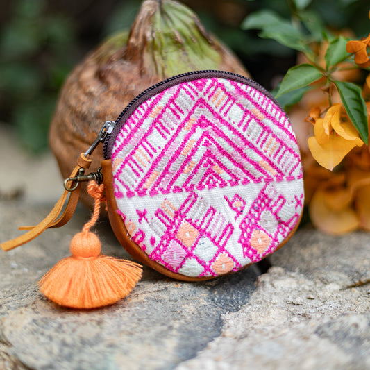 CIRCLE COIN PURSE - OOAK HUIPIL - CAFE- NO. 17508