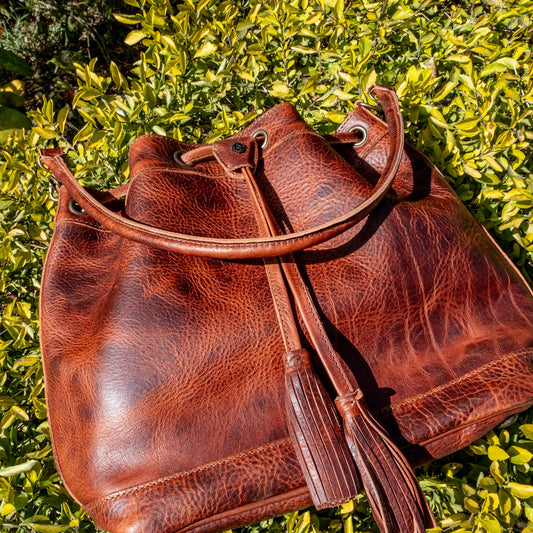 DRAWSTRING BUCKET BAG - FULL LEATHER - COPPER
