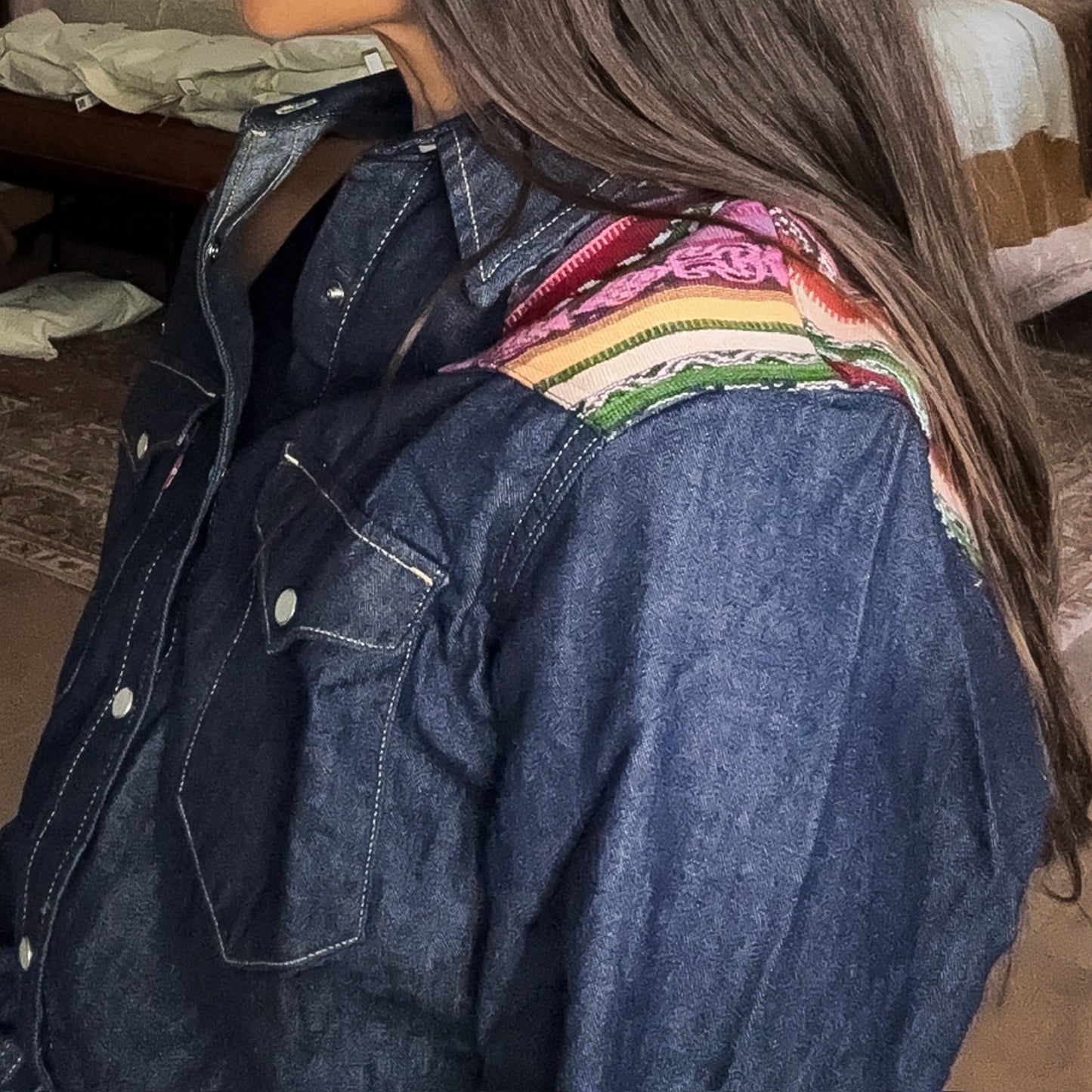 DENIM SHIRT WITH ARTISAN TEXTILE DETAILS - SIZE S - NO. 15345