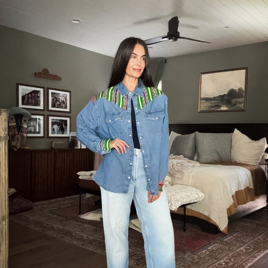 DENIM SHIRT WITH ARTISAN TEXTILE DETAILS - SIZE XXL - NO. 15358