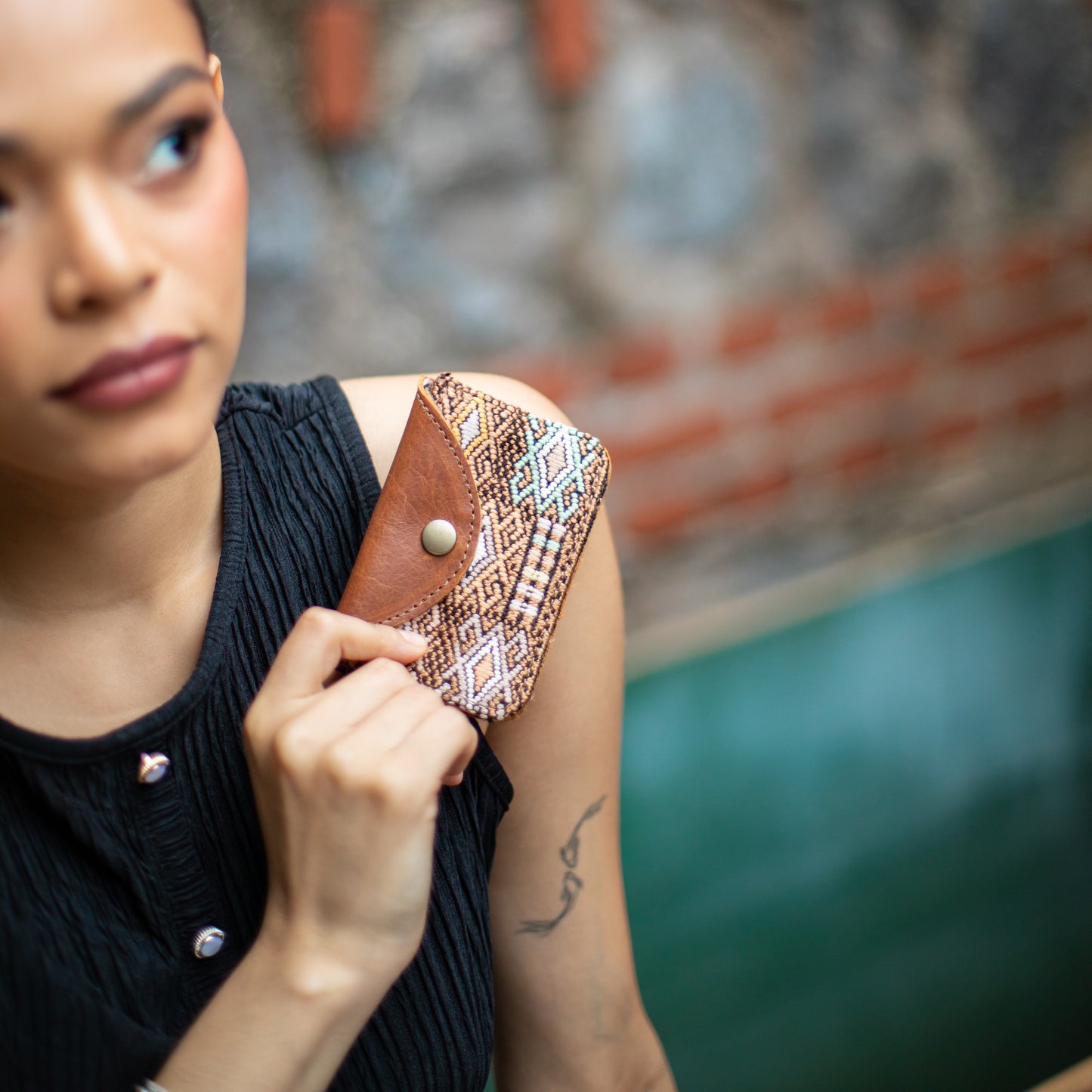 CARD CASE WITH CLASP - OOAK HUIPIL - CAFE - NO. 18246