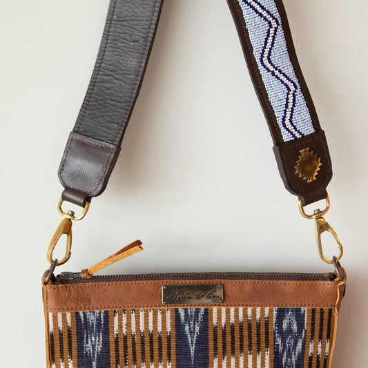 KENYA COLLECTION - BEADED LEATHER SHOULDER STRAP - PERIWINKLE & ROYAL - MOCHA LEATHER