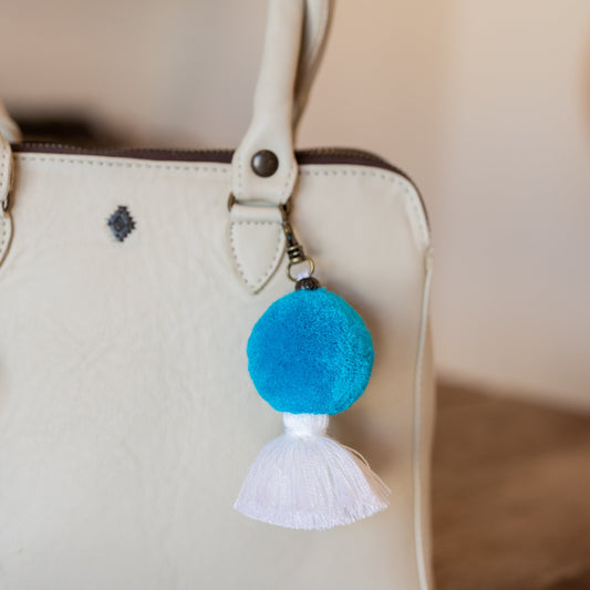 MINI POM TASSEL CHARM - ACCESSORIES COLLECTION - SAPPHIRE & WHITE