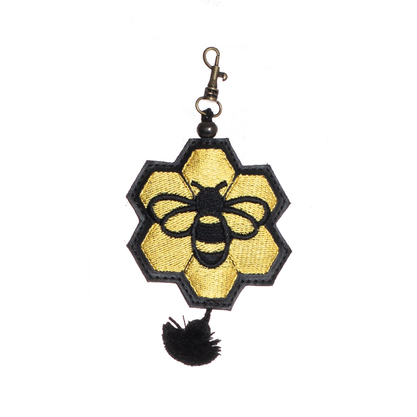 EMBROIDERED HONEYCOMB CHARM - LEATHER CHARM WITH TASSEL - BLACK LEATHER