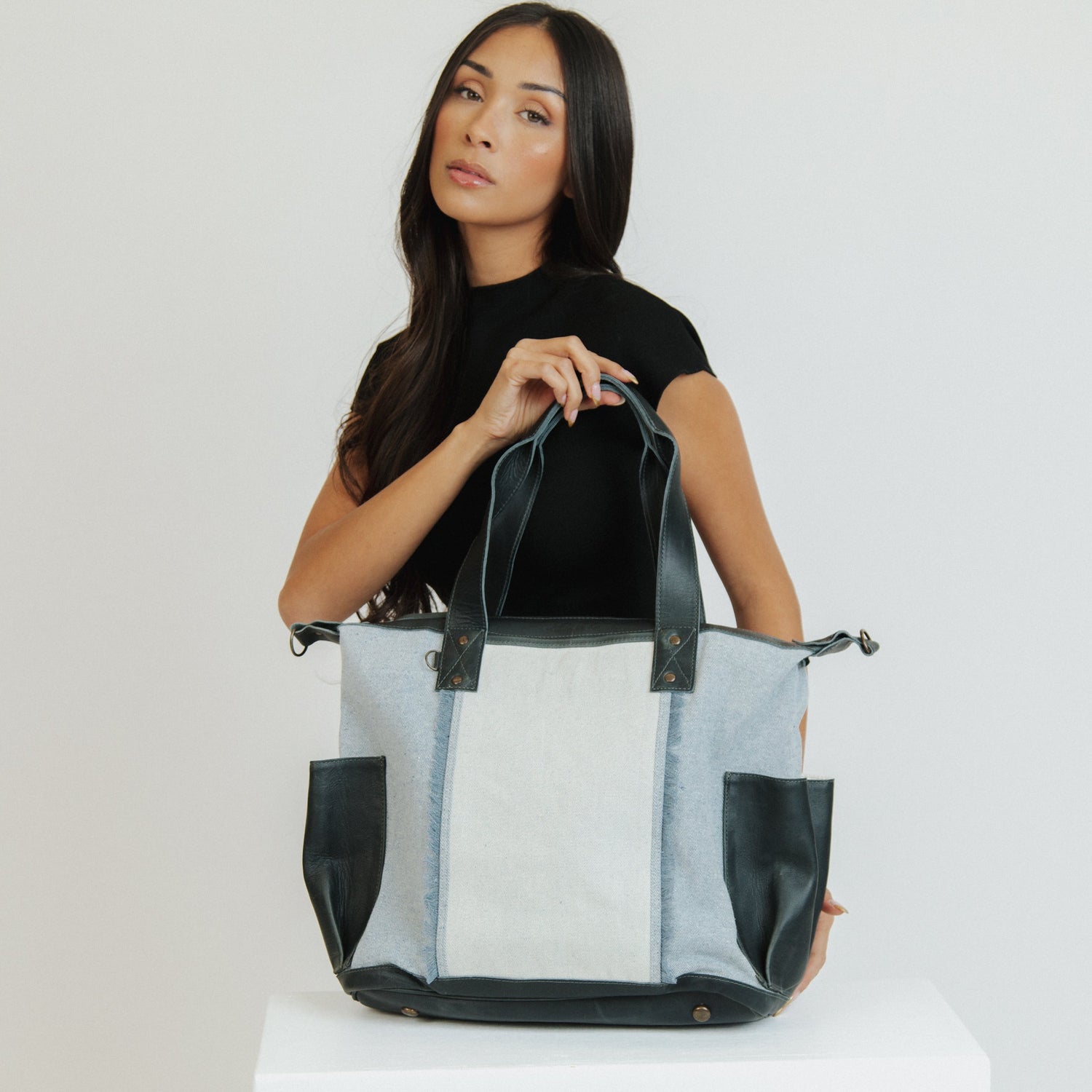 OG REVIVAL CONVERTIBLE DAY BAG UPCYCLED DENIM SLATE LEATHER Nena Co