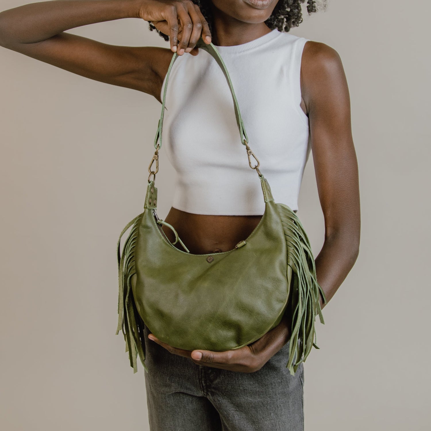 Boho Saddle Bag with Fringe - Small - Artisan Collection - Full Leather - Deep Emerald