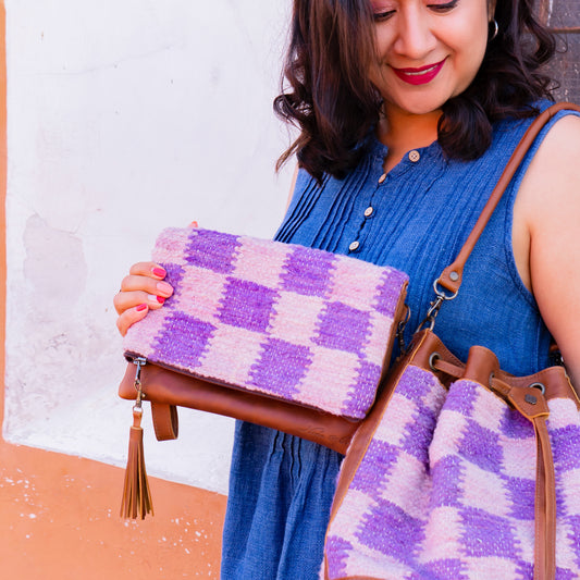 FOLD OVER CLUTCH - CHECKERED MOMO - IRIS & ORCHID - CAFE LEATHER