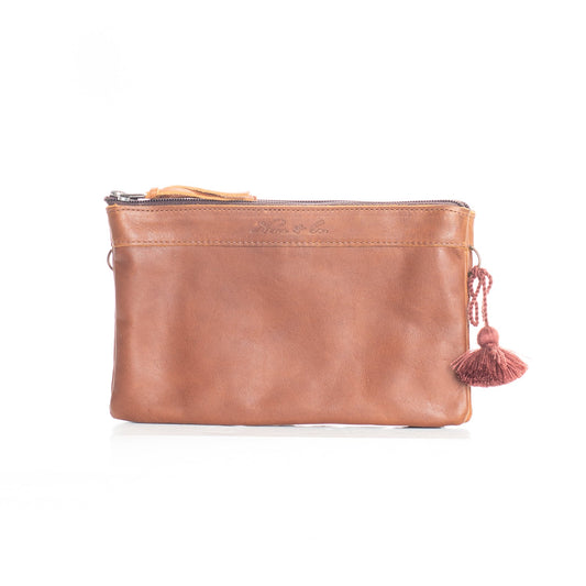 DOUBLE PERFECT CLUTCH - FULL LEATHER COLLECTION - CAFE LEATHER