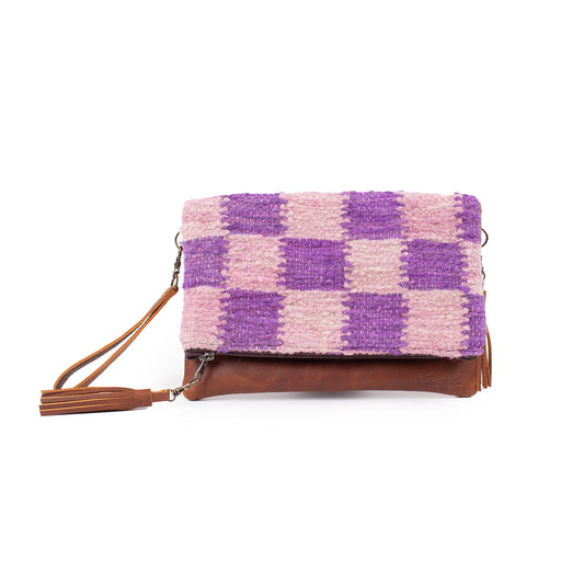 FOLD OVER CLUTCH - CHECKERED MOMO - IRIS & ORCHID - CAFE LEATHER