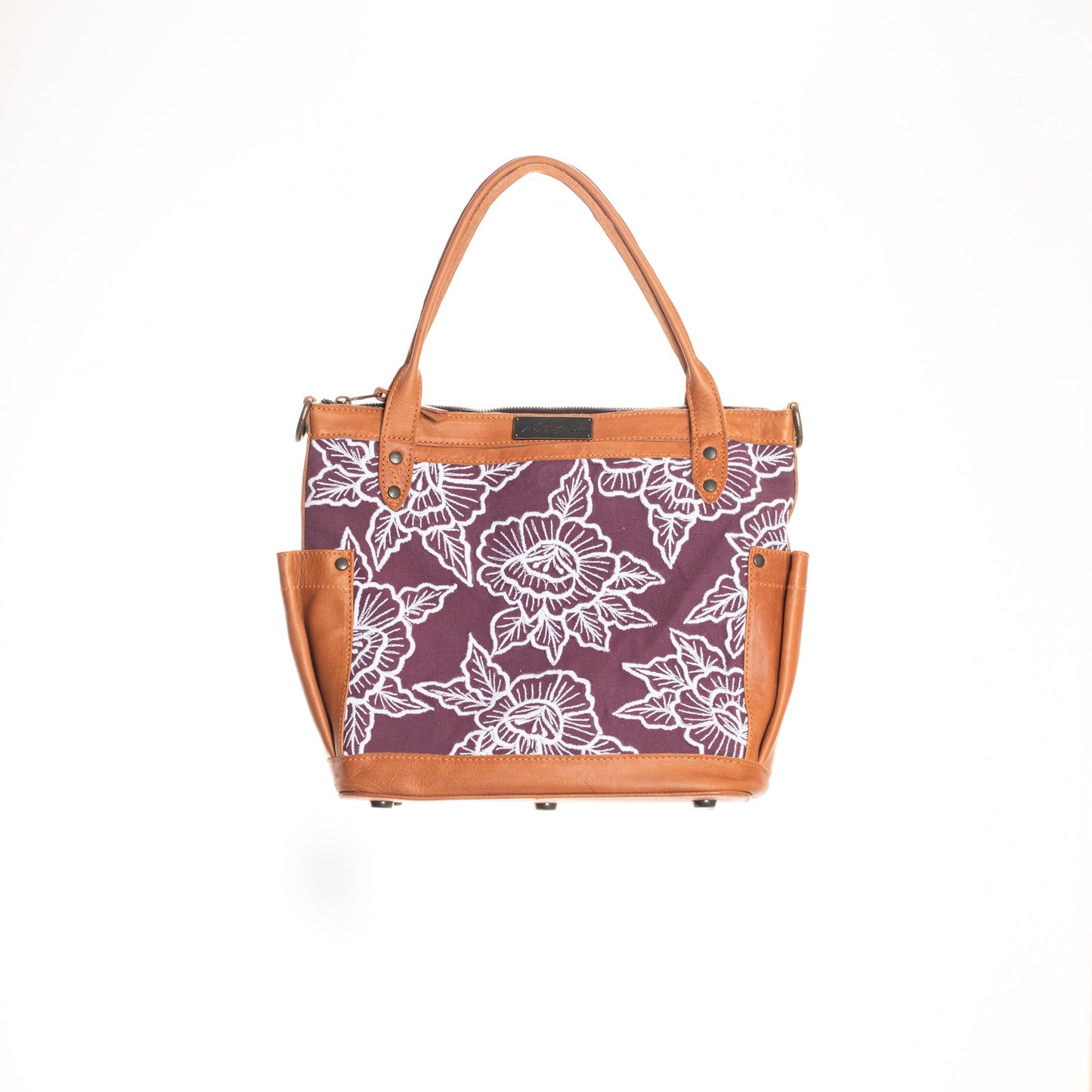 THE PERFECT BAG MEDIUM - MEXICO COLLECTION - PLUM & WHITE EMBROIDERED PANEL - OCHRE LEATHER
