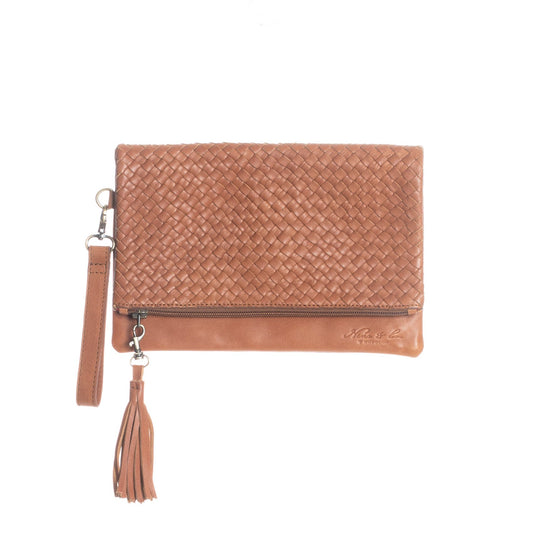FOLD OVER CLUTCH - MOROCCO WOVEN LEATHER - CAFE