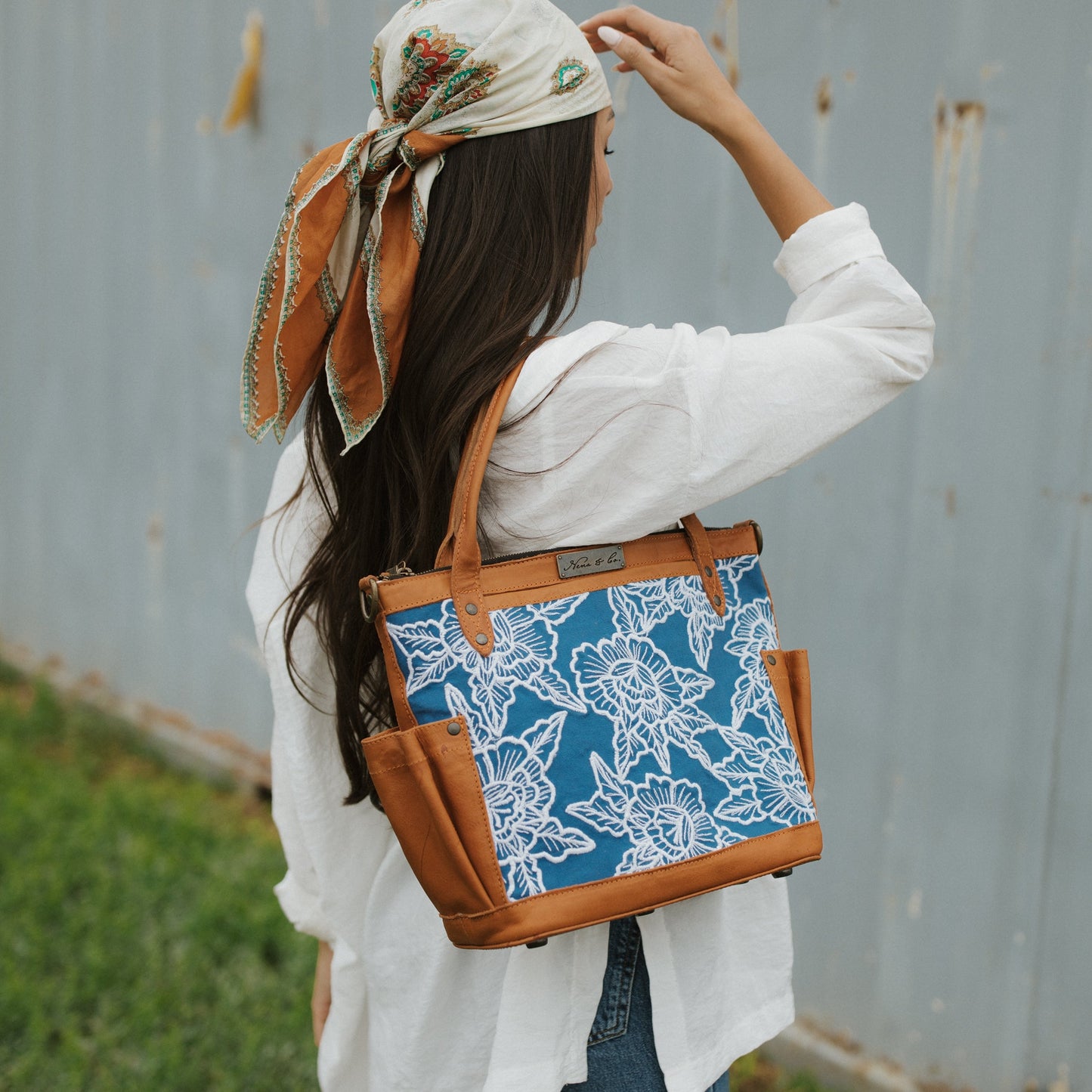 THE PERFECT BAG MEDIUM - MEXICO COLLECTION - BLUE & WHITE EMBROIDERED PANEL - OCHRE LEATHER