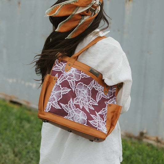 THE PERFECT BAG MEDIUM - MEXICO COLLECTION - PLUM & WHITE EMBROIDERED PANEL - OCHRE LEATHER
