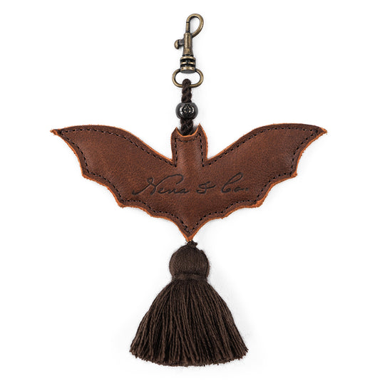 BAT CHARM - LEATHER CHARM WITH TASSEL - CAFE