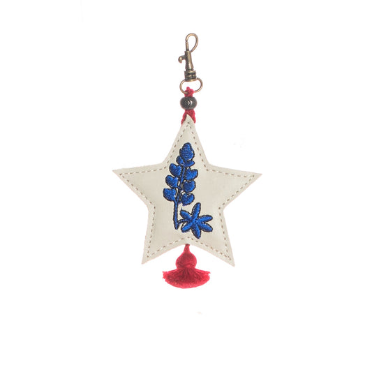 EMBROIDERED TX BLUEBONNET CHARM - LEATHER CHARM WITH TASSEL