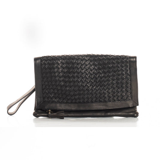 FOLD OVER CLUTCH - MOROCCO WOVEN COLLECTION - BLACK LEATHER