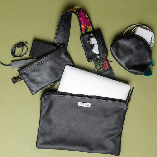 LAPTOP CASE 16" - FULL LEATHER COLLECTION -BLACK DIAMOND JASPE LINER - BLACK LEATHER