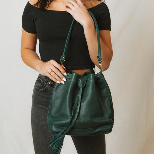 DRAWSTRING BUCKET BAG - FULL LEATHER COLLECTION - EVERGREEN LEATHER