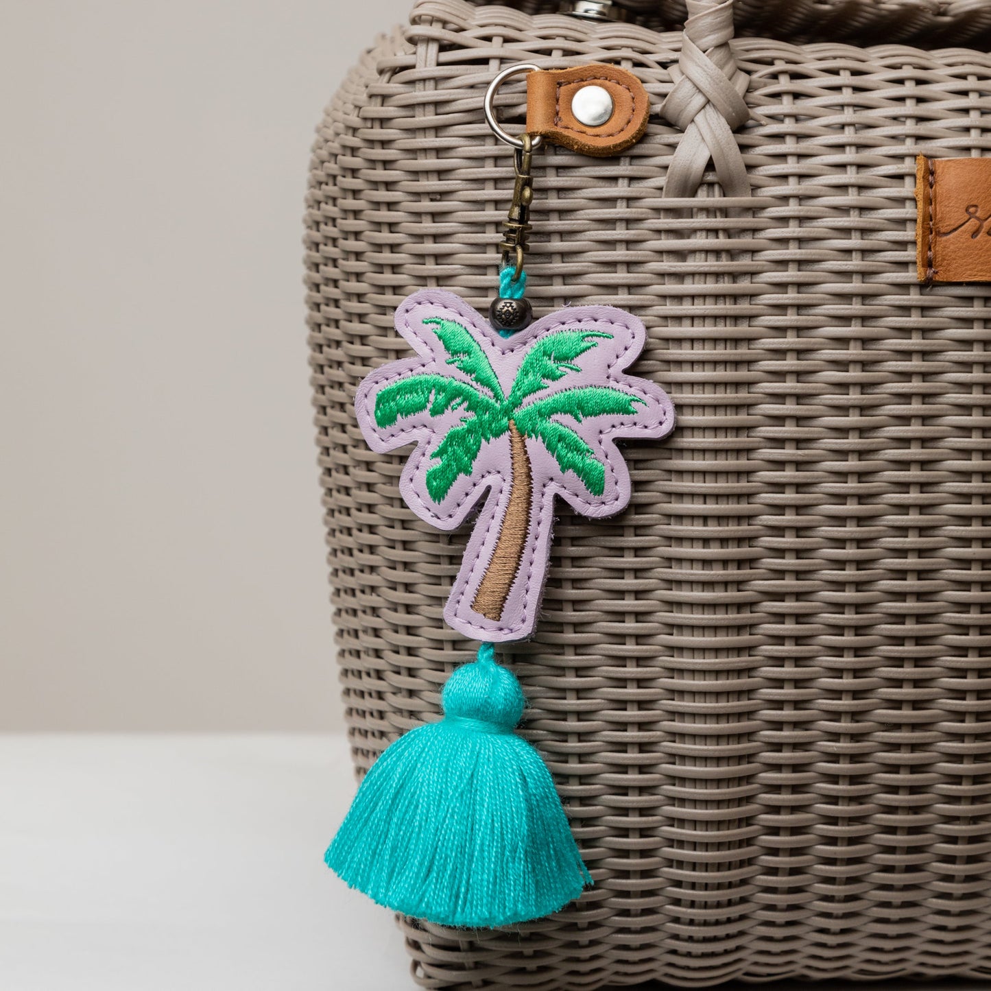 EMBROIDERED PALM TREE CHARM - LEATHER CHARM WITH TASSEL