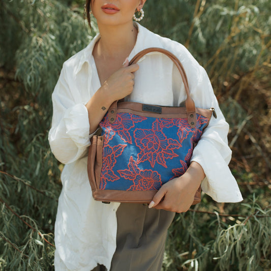 THE PERFECT BAG MEDIUM - MEXICO COLLECTION - BLUE & PINK EMBROIDERED PANEL - ROSÉ LEATHER